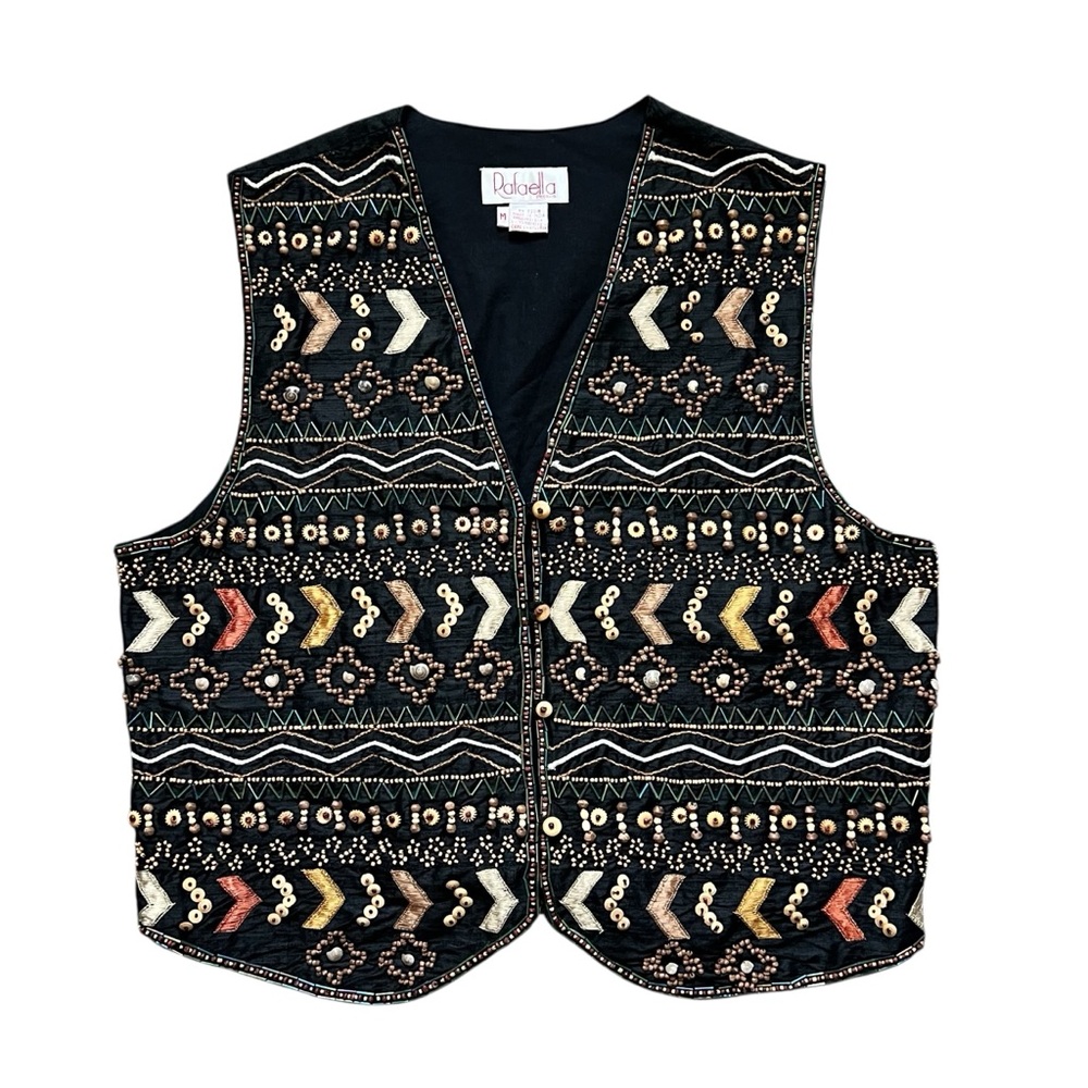 NWT Rafaella 100% Silk Embroidered Black Cream Vest Size M